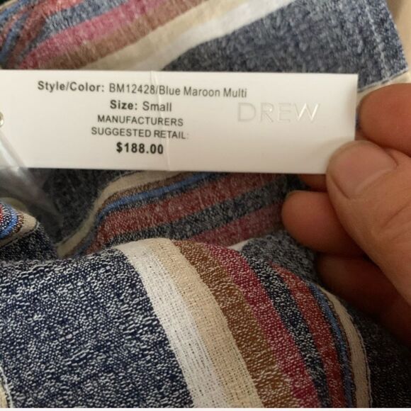 Drew linen, maroon/blue/white striped blouse, new, short sleeves, waist ties, S - Picture 4 of 8